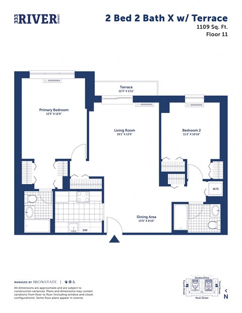Floor plan for 2 beds, 2 baths, 1109 sqft